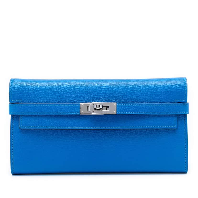 Hermès Chevre Mysore Kelly Longue Wallet Blue Leather Very good condition - Front View