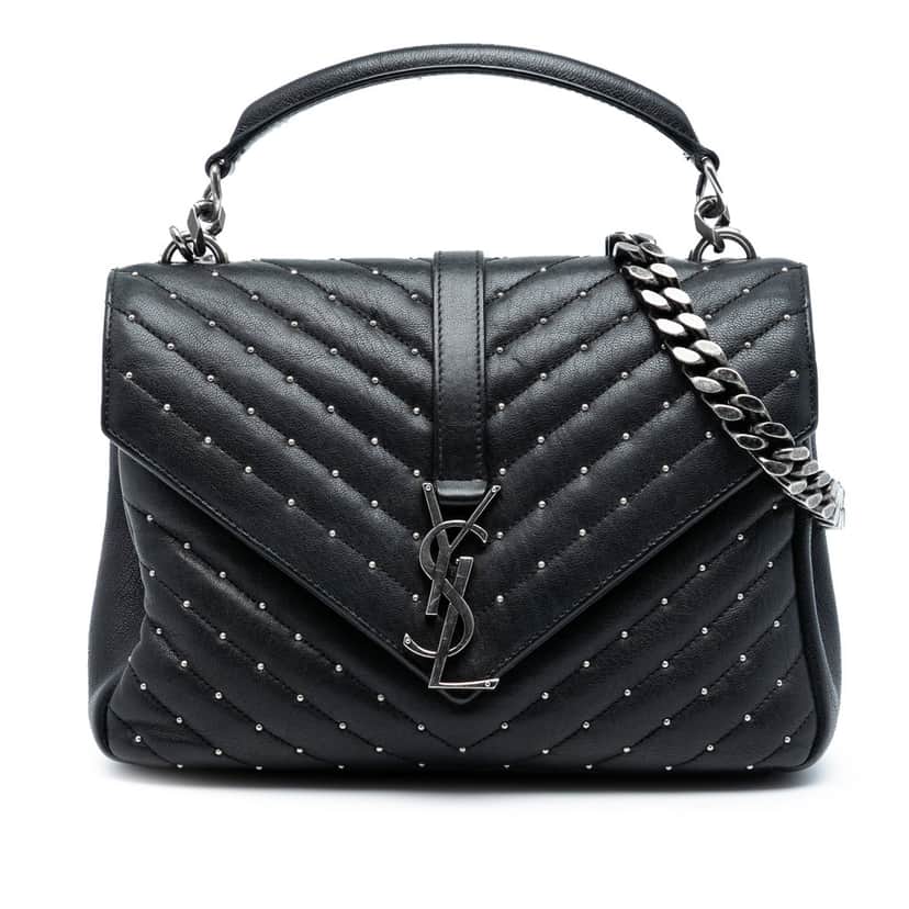 Saint Laurent Medium Quilted Chevron Studded Sheepskin College Satchel Black Leather Very good condition - Front View