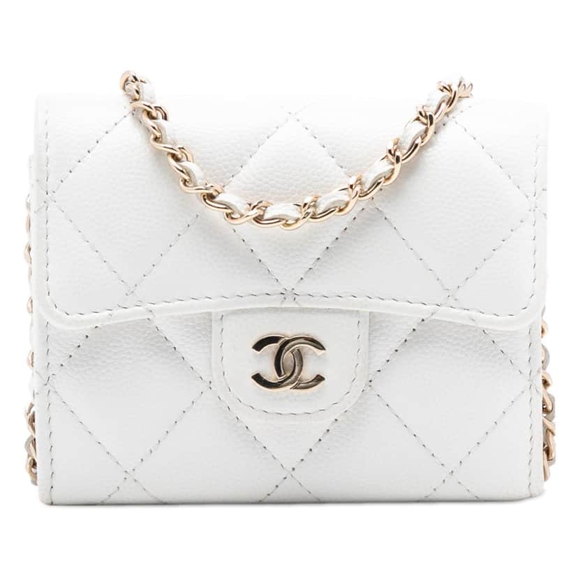 Chanel CC Quilted Caviar Flap Card Holder with Chain White Leather Very good condition - Front View