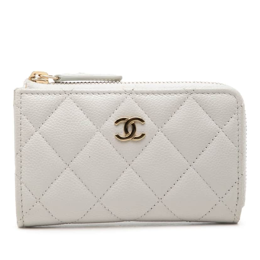 Chanel CC Quilted Caviar Zip Around Card Holder White Leather Very good condition - Front View