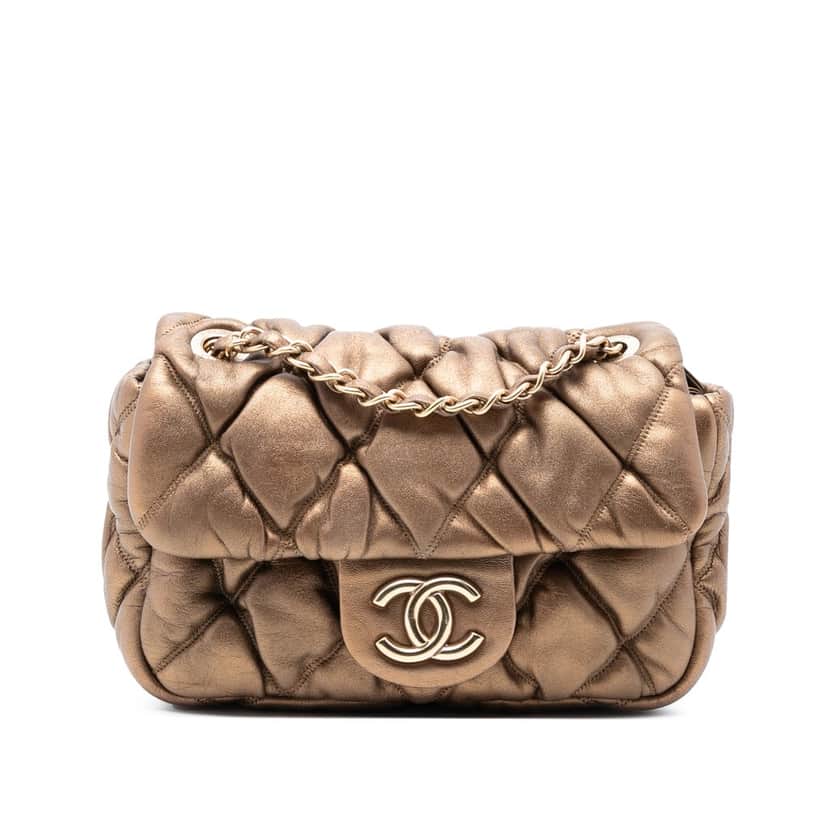 Chanel CC Lambskin Bubble Quilt Flap Brown Leather Very good condition - Front View