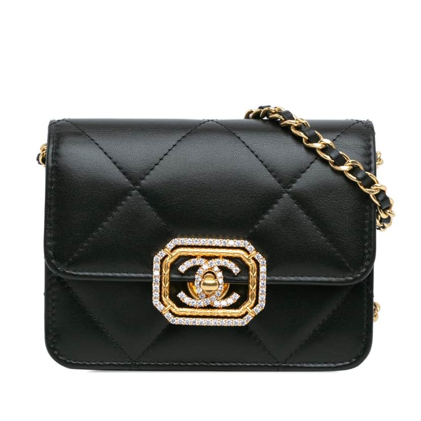 Chanel Quilted Calfskin Strass Card Holder On Chain Black Leather Very good condition - Front View