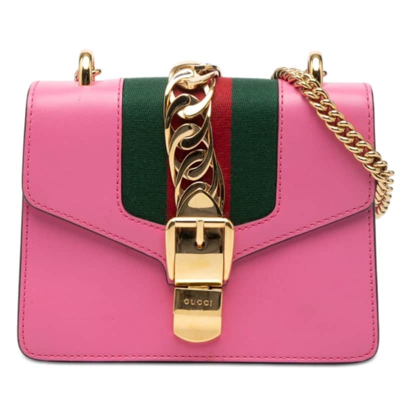 Gucci Mini Calfskin Web Sylvie Chain Crossbody Pink Leather Very good condition - Front View