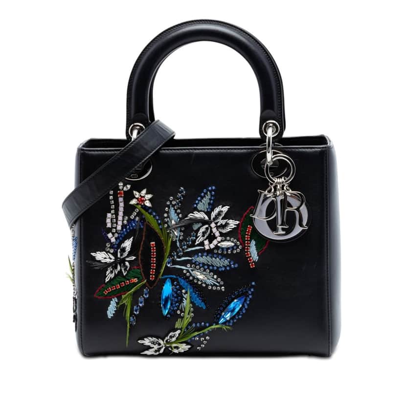 Dior Limited Edition Medium Smooth Calfskin Embroidered Beaded Floral Lady Dior Black Leather Very good condition - Front View