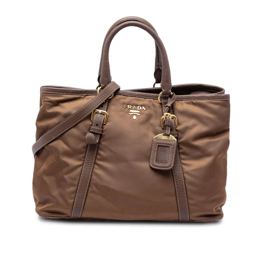 Prada Vitello Daino Trimmed Tessuto Satchel Brown Very good condition - Front View