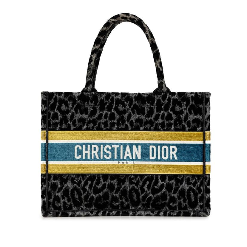 Dior Mizza Medium Embroidered Canvas Leopard Book Tote Black Very good condition - Front View