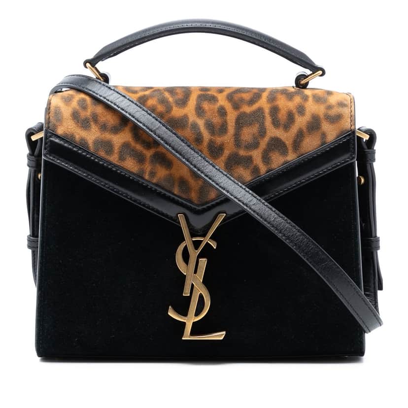Saint Laurent Mini Suede Leopard Print Monogram Cassandra Top Handle Bag Black Leather Very good condition - Front View