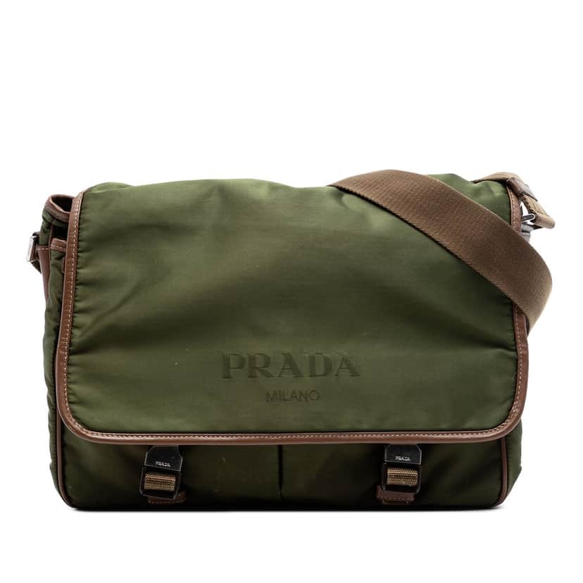 Prada Saffiano Trimmed Tessuto Double Buckle Messenger Bag Green Very good condition - Front View