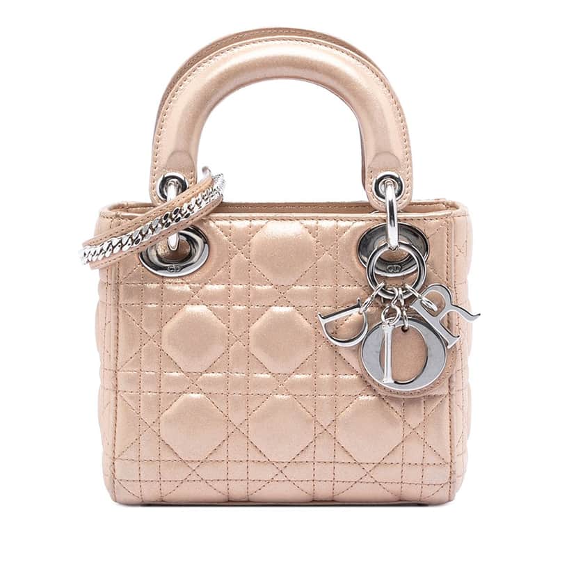 Dior Mini Iridescent Lambskin Cannage Lady Dior Beige Leather Very good condition - Front View