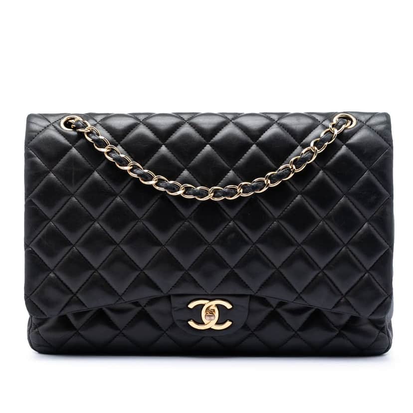 Chanel Maxi Classic Lambskin Double Flap Black Leather Very good condition - Front View