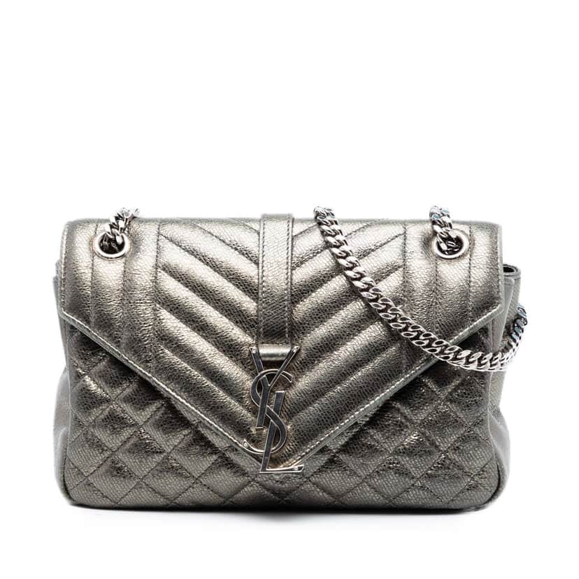 Saint Laurent Medium Iridescent Calfskin Triquilt Monogram College Bag Silver Leather Very good condition - Front View