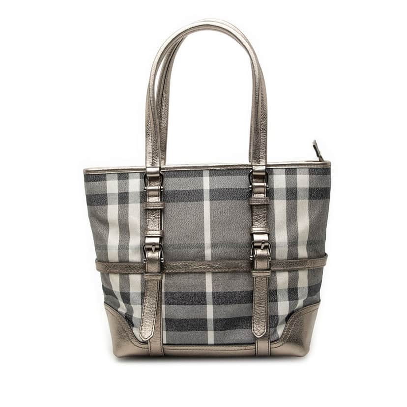 Burberry Small Shimmer Check Canvas Tote Silver Very good condition - Front View