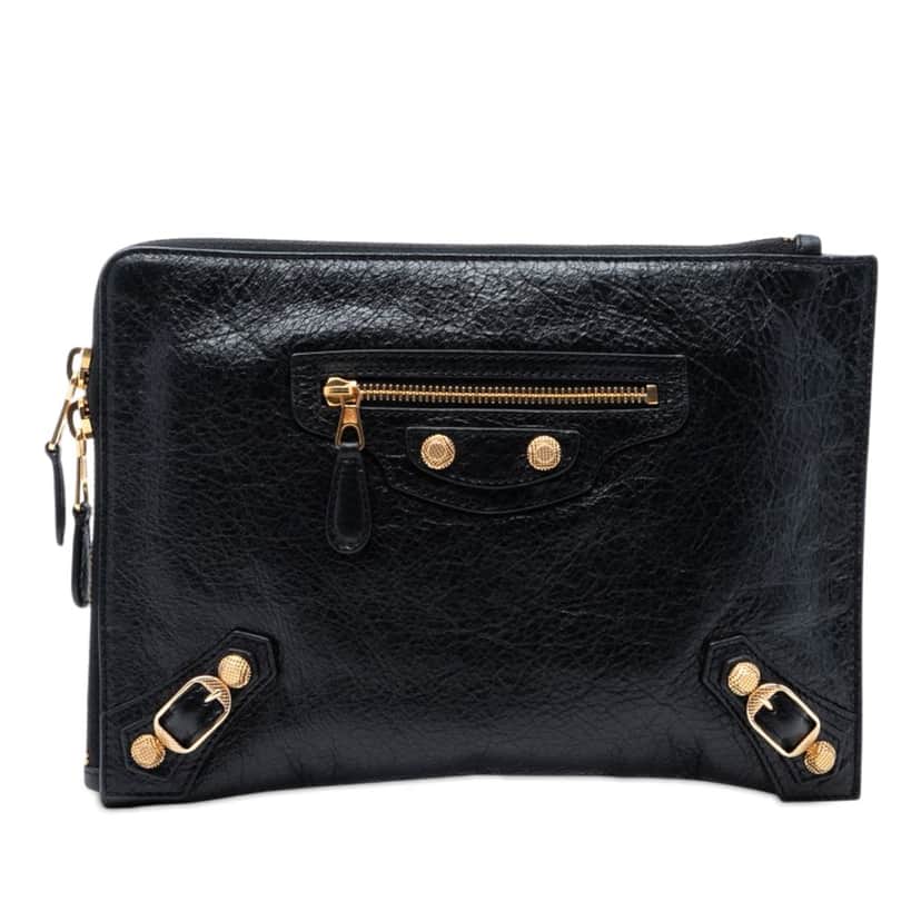 Balenciaga Lambskin Motocross Giant 12 Zip Around Flat Clutch Black Leather Very good condition - Front View