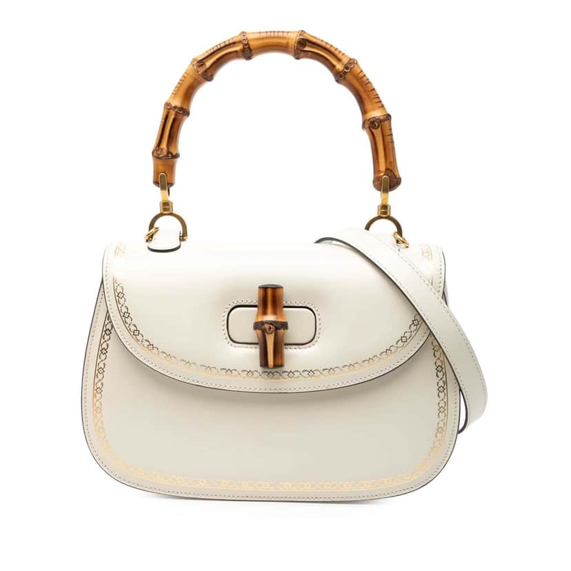 Gucci Calfskin Frame Print Bamboo Web Top Handle Bag White Leather Very good condition - Front View