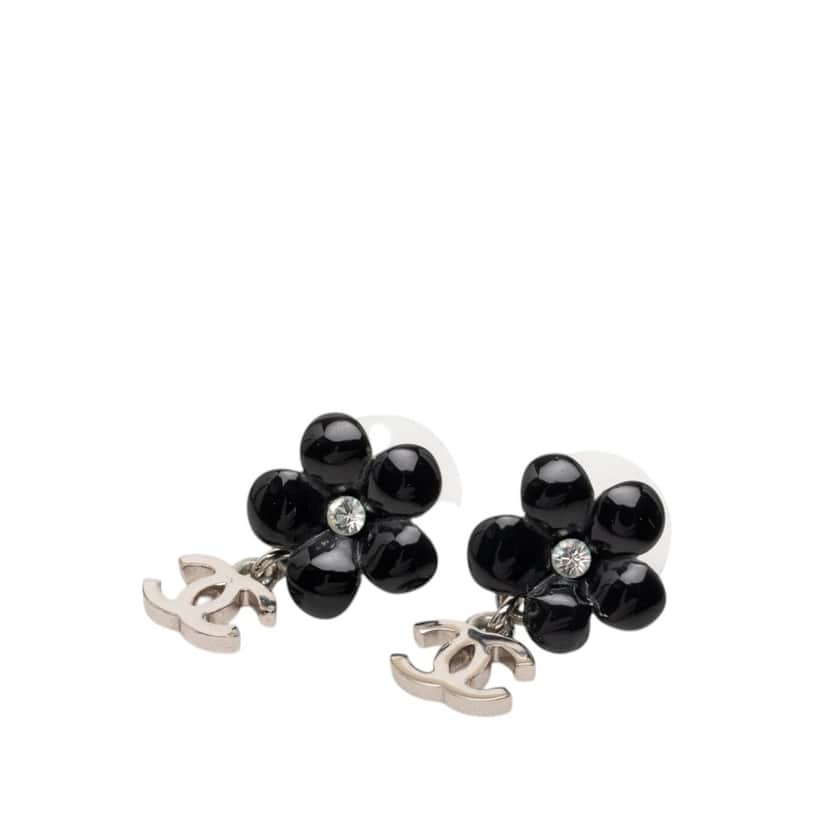 Chanel Silver Plated Resin Rhinestone Flower CC Drop Earrings Black Plastic Very good condition - Front View