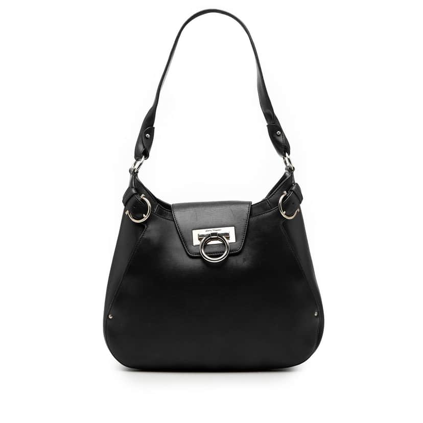 Ferragamo Leather Gancini Shoulder Bag Black Leather Very good condition - Front View