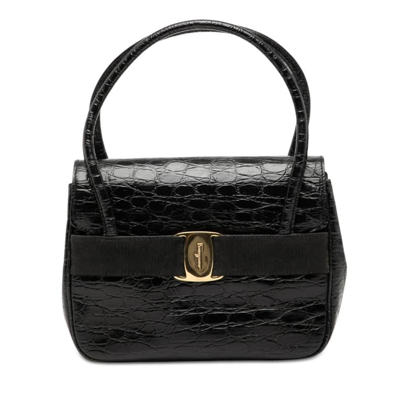 Ferragamo Croc Embossed Vara Bow Top Handle Bag Black Leather Very good condition - Front View