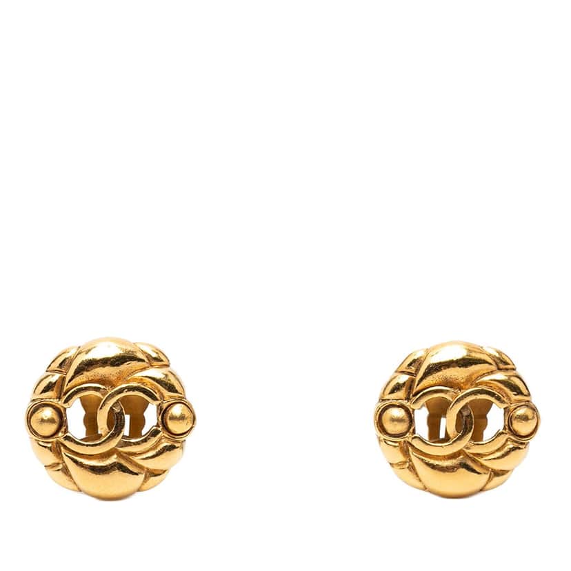 Chanel Gold Plated CC Hollow Round Clip On Earrings Gold Metal Very good condition - Front View