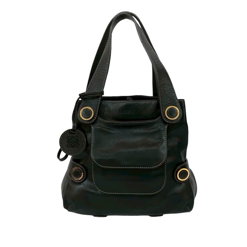LOEWE Leather Anagram Drawstring Shoulder Bag Black Leather Very good condition - Front View