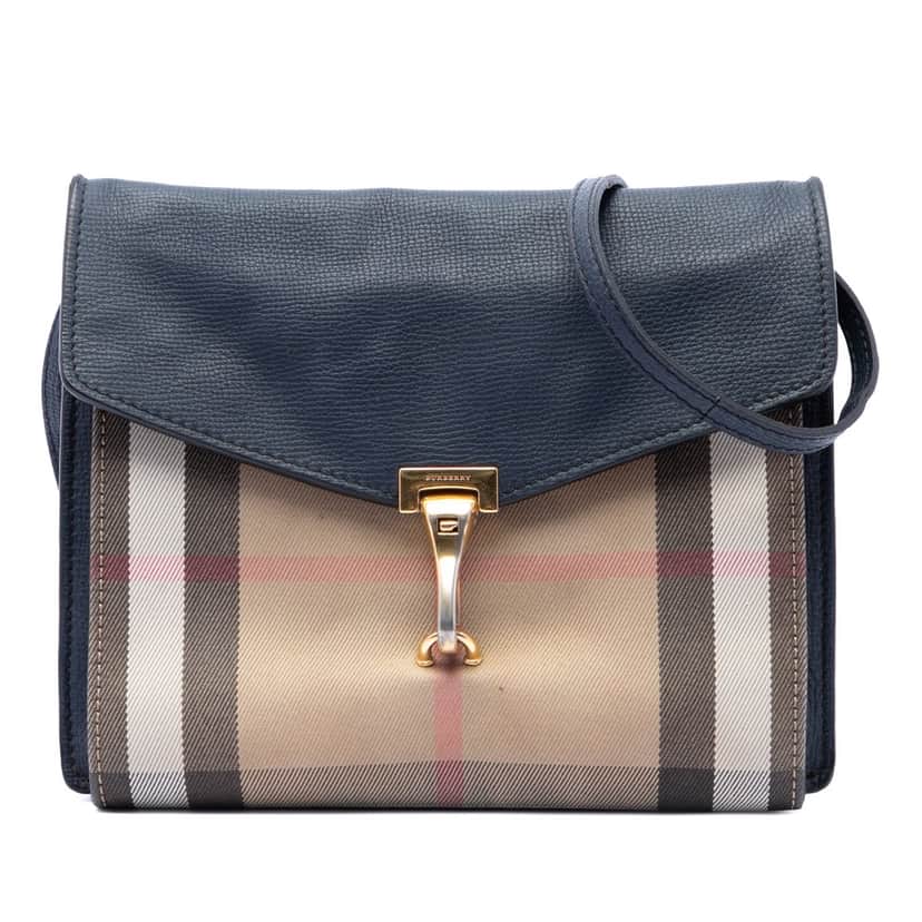 Burberry Small Leather and House Check Canvas Derby Macken Crossbody Blue Very good condition - Front View