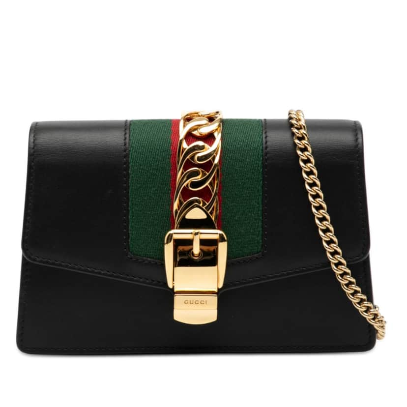 Gucci Super Mini Leather Sylvie Chain Crossbody Black Leather Very good condition - Front View