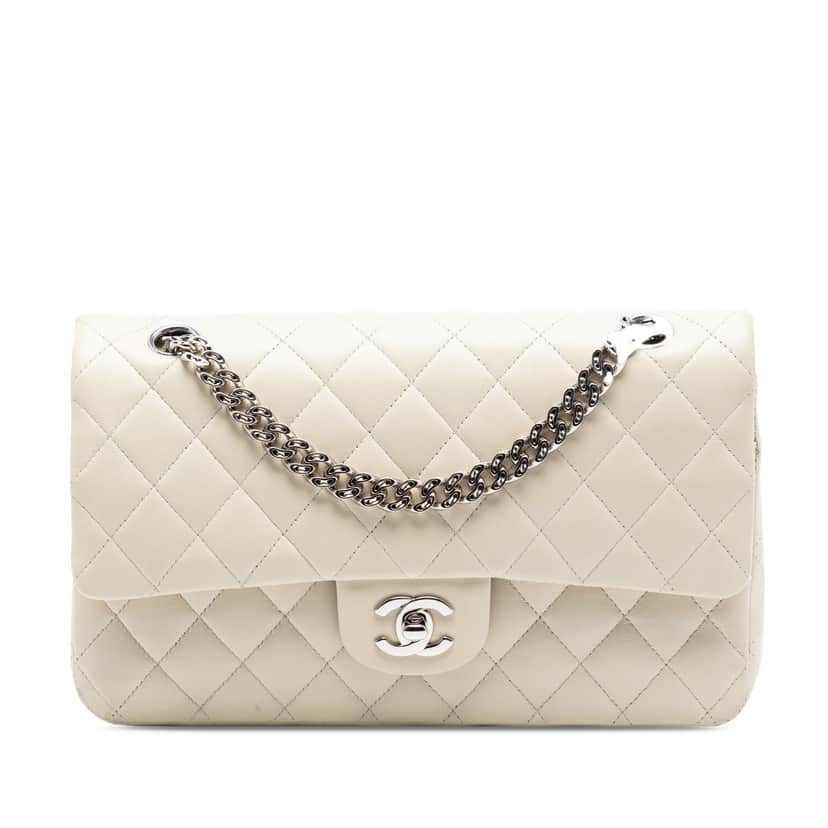 Chanel Medium Classic Lambskin Bijoux Chain Double Flap White Leather Very good condition - Front View
