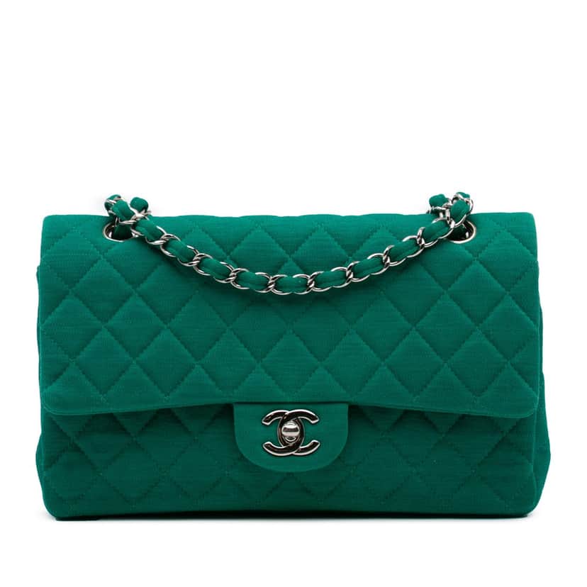 Chanel Medium Classic Jersey Double Flap Green Very good condition - Front View