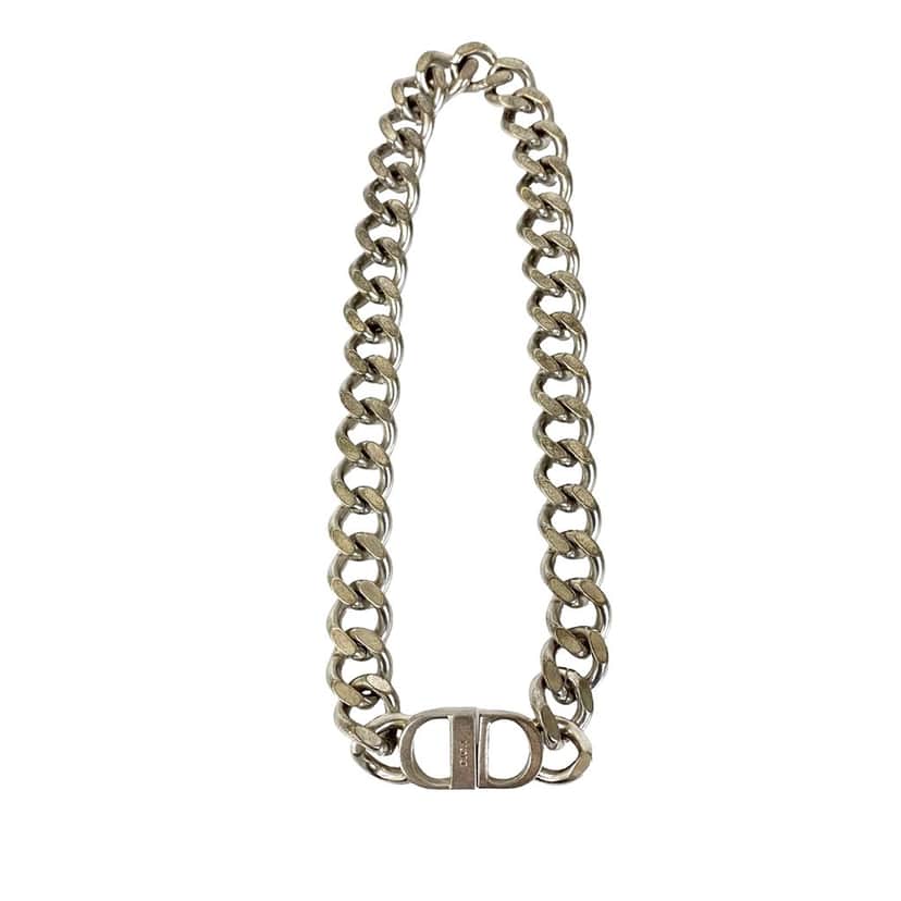 Dior Silver Plated CD Logo Chain Link Necklace Silver Metal Very good condition - Front View