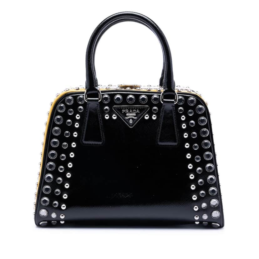 Prada Small Studded Saffiano Vernice Frame Top Handle Bag Black Leather Very good condition - Front View