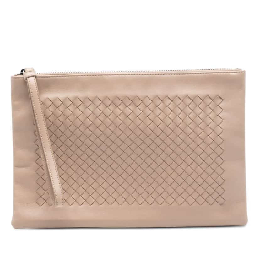 Bottega Veneta Nappa Intrecciato Wristlet Clutch Beige Leather Very good condition - Front View