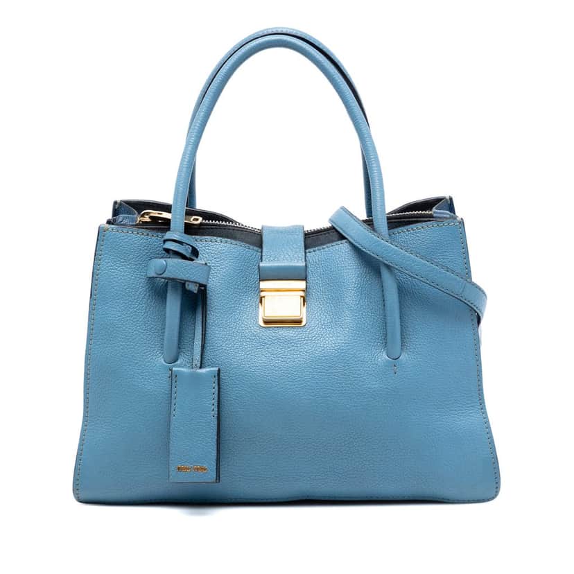 Miu Miu Goatskin Madras Push Lock Tote Blue Leather Very good condition - Front View