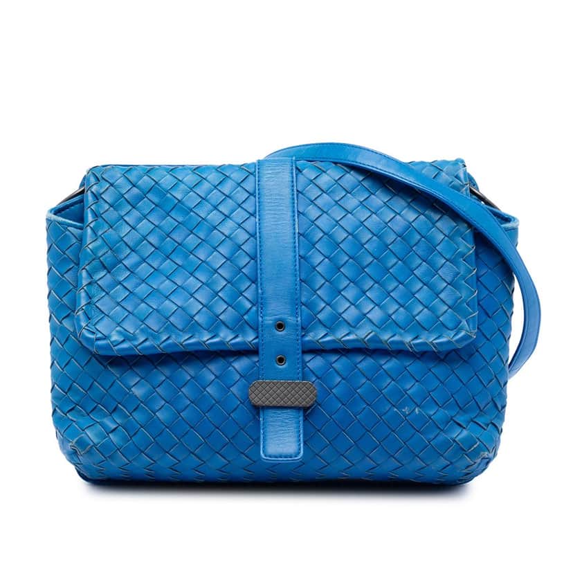 Bottega Veneta Nappa Intrecciato Double Sided Flap Shoulder Bag Blue Leather Very good condition - Front View
