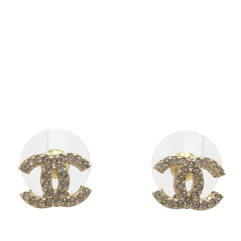 Chanel CC Brass Strass Push Back Earrings Gold Metal Very good condition - Front View