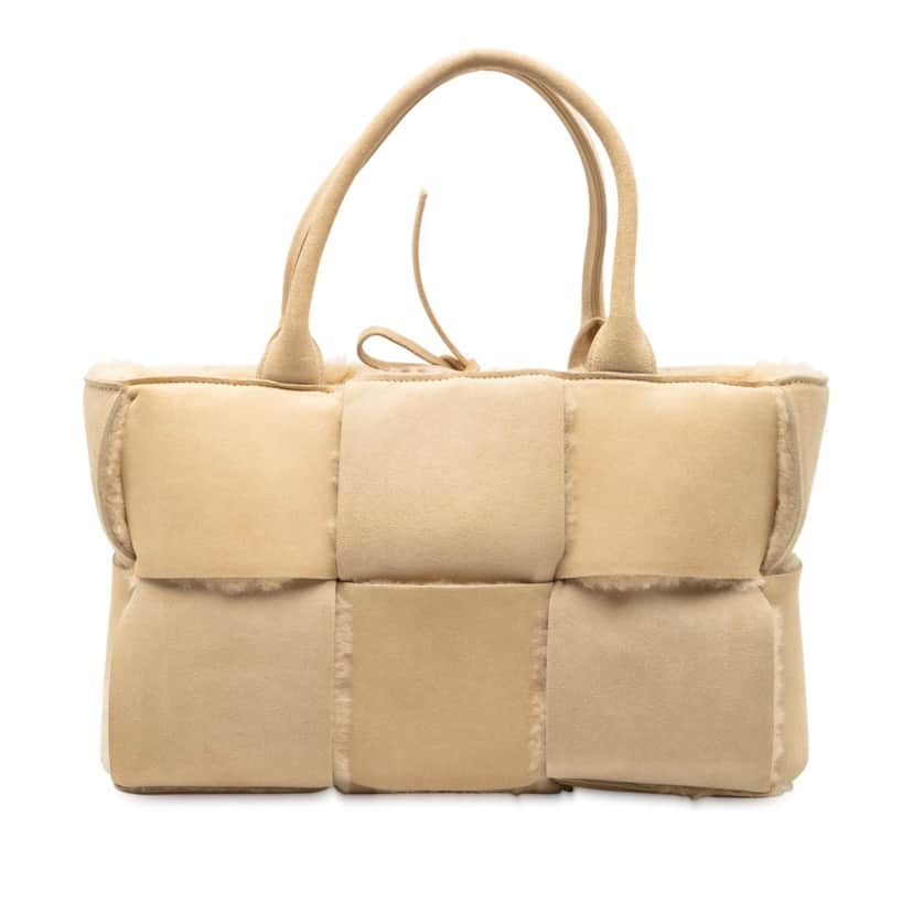 Bottega Veneta Small Suede and Shearling Maxi Intrecciato Arco Tote Brown Leather Very good condition - Front View