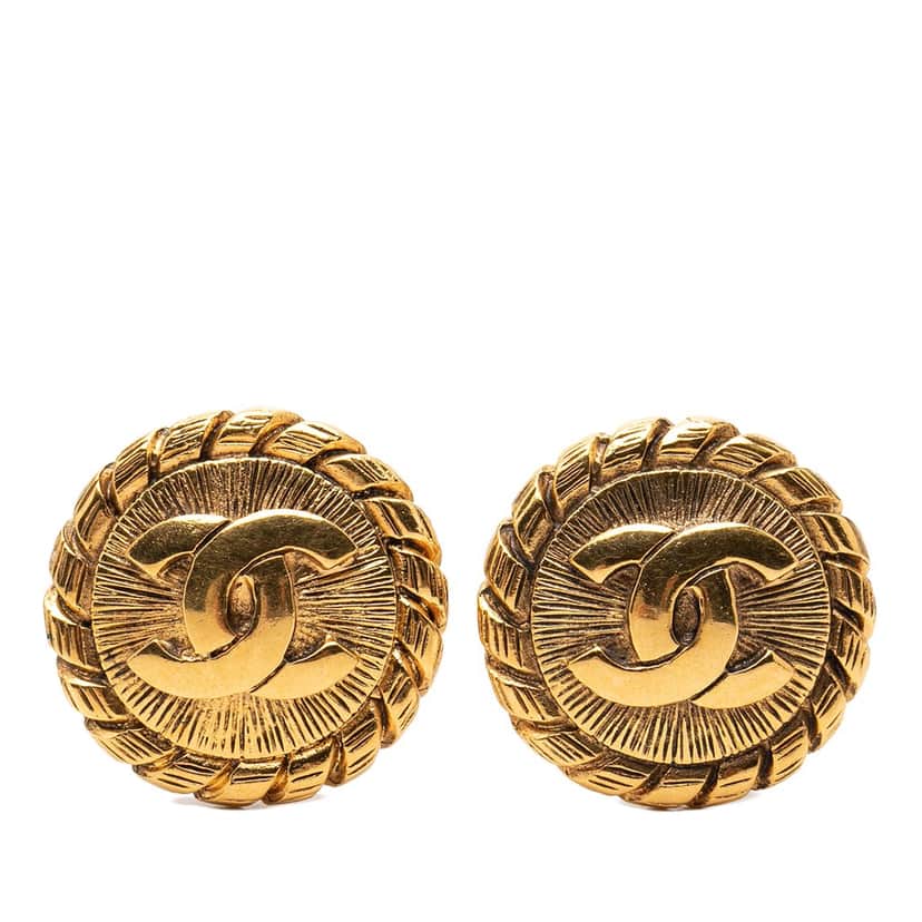Chanel CC Gold Plated Sunburst Round Clip On Earrings Gold Metal Very good condition - Front View