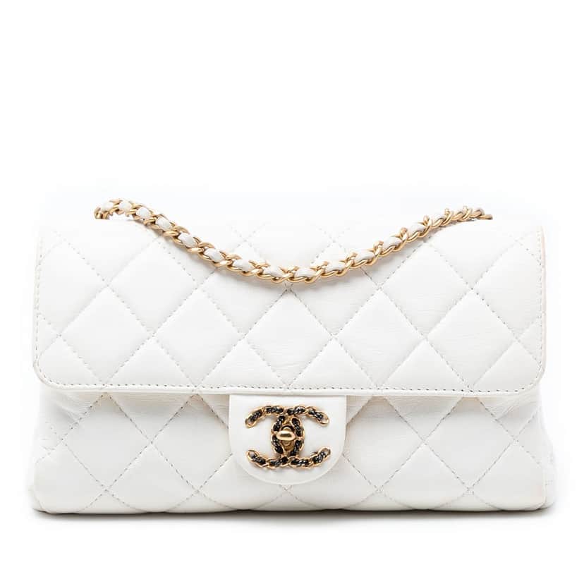 Chanel Small CC Quilted Aged Calfskin Accordion Flap White Leather Good condition - Front View