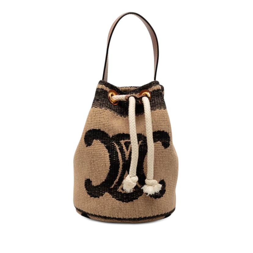 Celine Small Triomphe Raffia Drawstring Bucket Bag Brown Very good condition - Front View