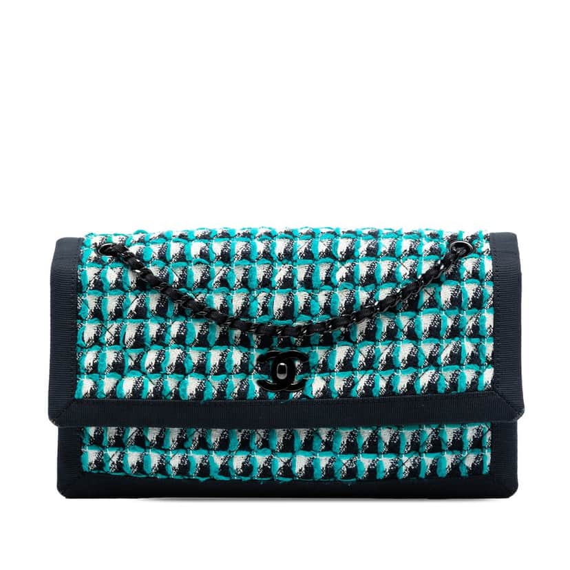 Chanel CC Multicolor Quilted Tweed Accordion Houndstooth Flap Blue Very good condition - Front View