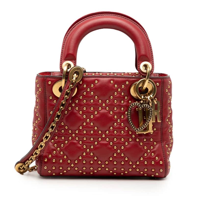 Dior Mini Lambskin Cannage Studded Supple Lady Dior Red Leather Very good condition - Front View