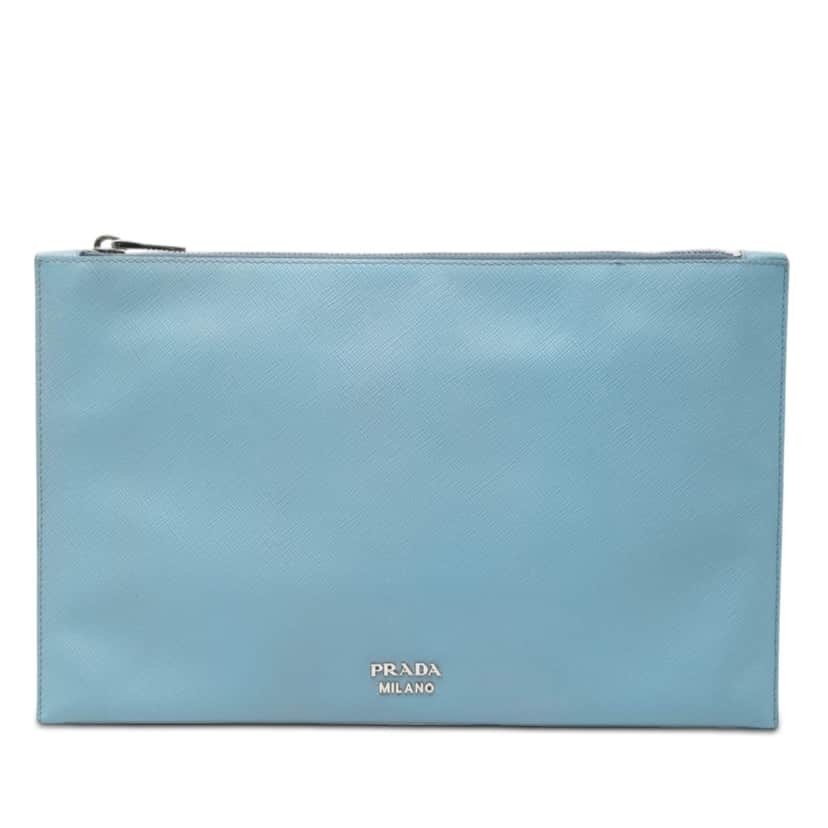 Prada Saffiano Clutch Blue Leather Very good condition - Front View