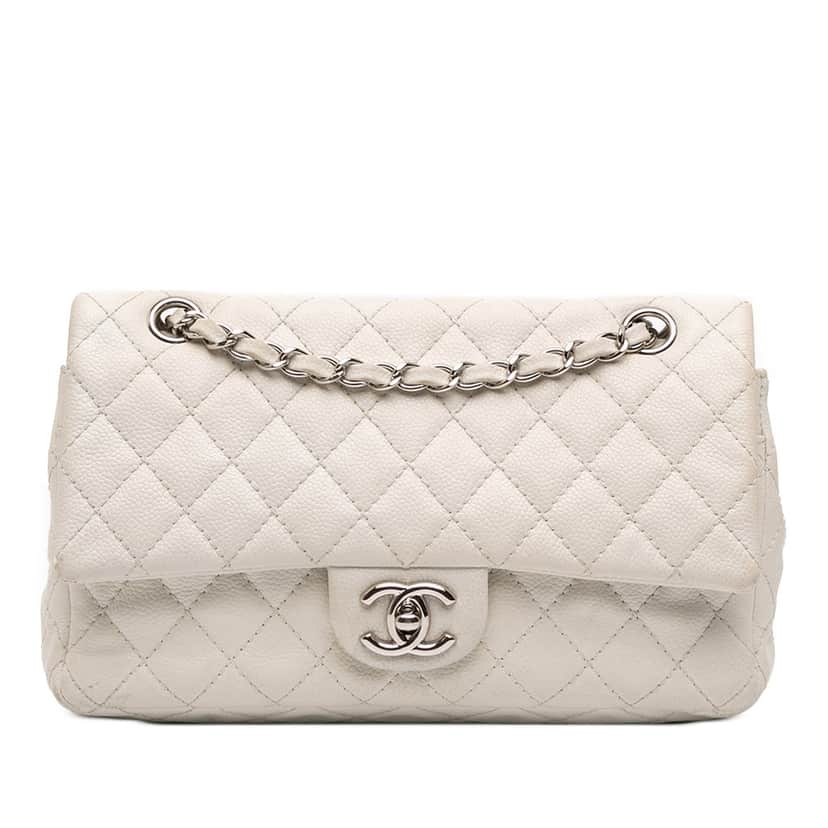 Chanel Medium Classic Caviar Double Flap White Leather Good condition - Front View