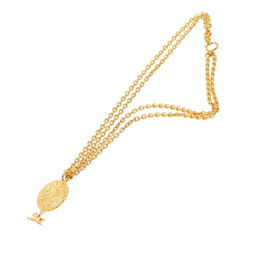 Chanel Gold Plated Double Chain Horse Medallion Pendant Necklace Gold Metal Very good condition - Front View