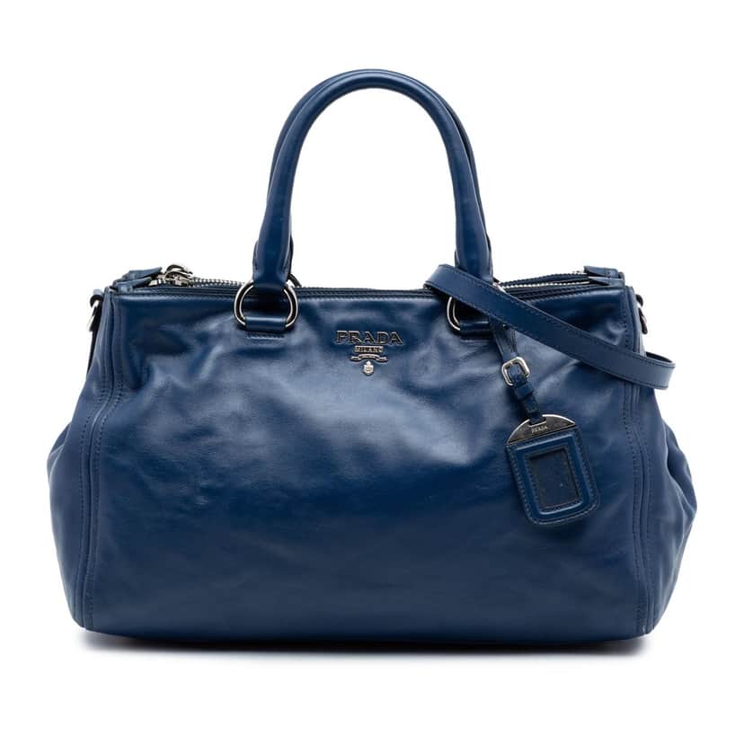 Prada Soft Calf Double Zip Convertible Tote Blue Leather Very good condition - Front View