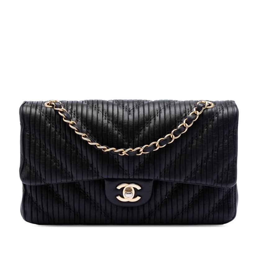 Chanel Medium Classic Chevron Calfskin Pleated Double Flap Black Leather Very good condition - Front View