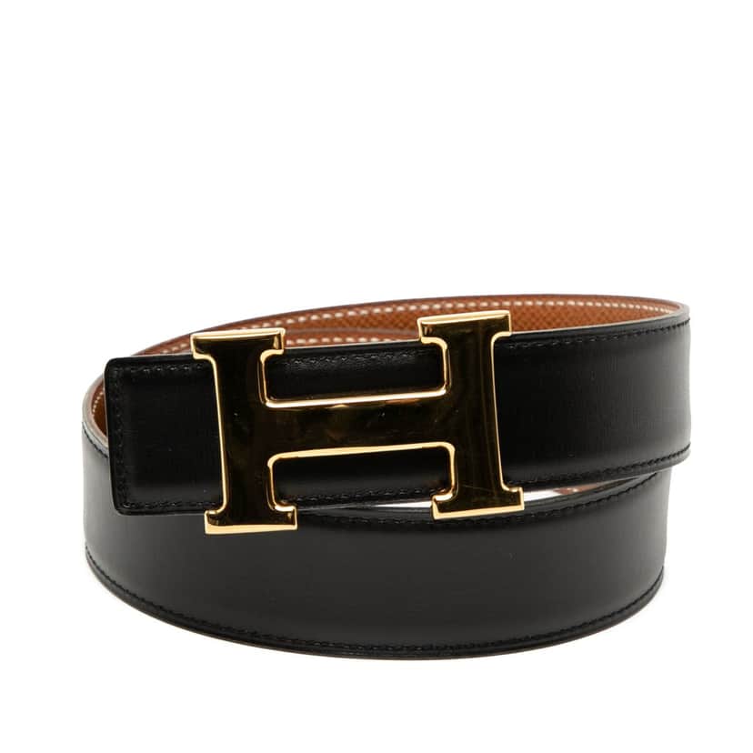 Hermès Box Calf and Courchevel Constance H Reversible Belt Black Leather Very good condition - Front View