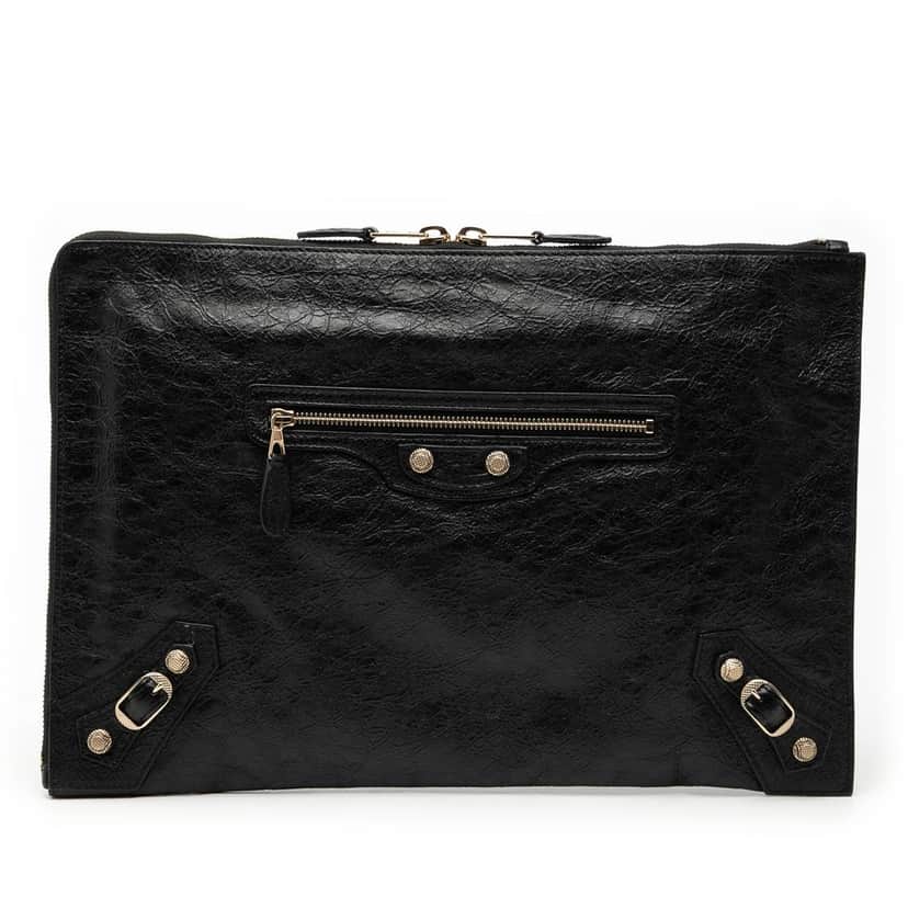 Balenciaga Lambskin Motocross Giant 12 Zip Around Flat Clutch Black Leather Very good condition - Front View