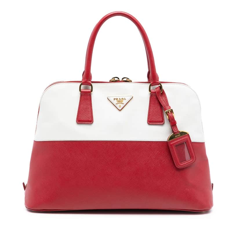 Prada Medium Bicolor Saffiano Lux Promenade Satchel Red Leather Very good condition - Front View