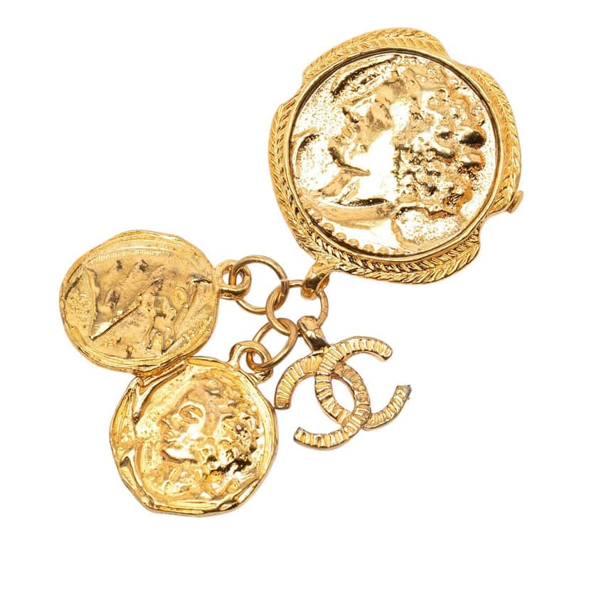 Chanel CC Gold Plated Coin Charm Brooch Gold Metal Very good condition - Front View