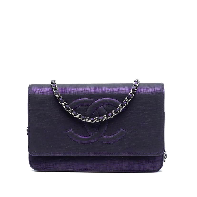 Chanel CC Metallic Crackling Lizard Printed Leather Wallet on Chain Purple Leather Very good condition - Front View
