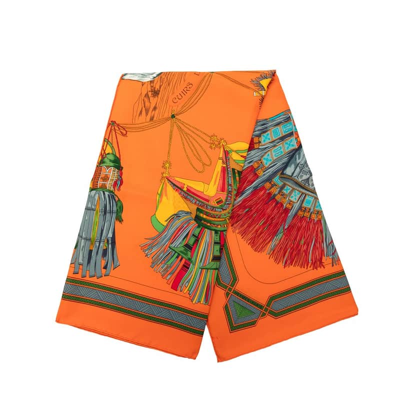 Hermès Cuirs Du Desert Silk Scarf 90 Orange Very good condition - Front View